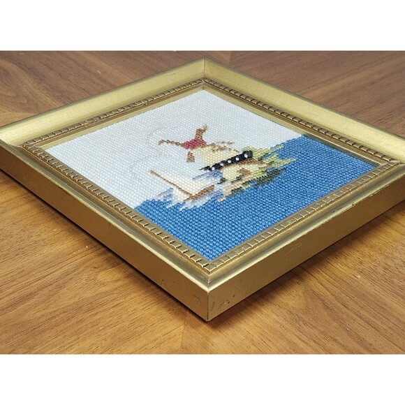 Vintage Framed Needlepoint Windmill & Sailboat Scene Signed 8' x 9' - Picture 6 of 11